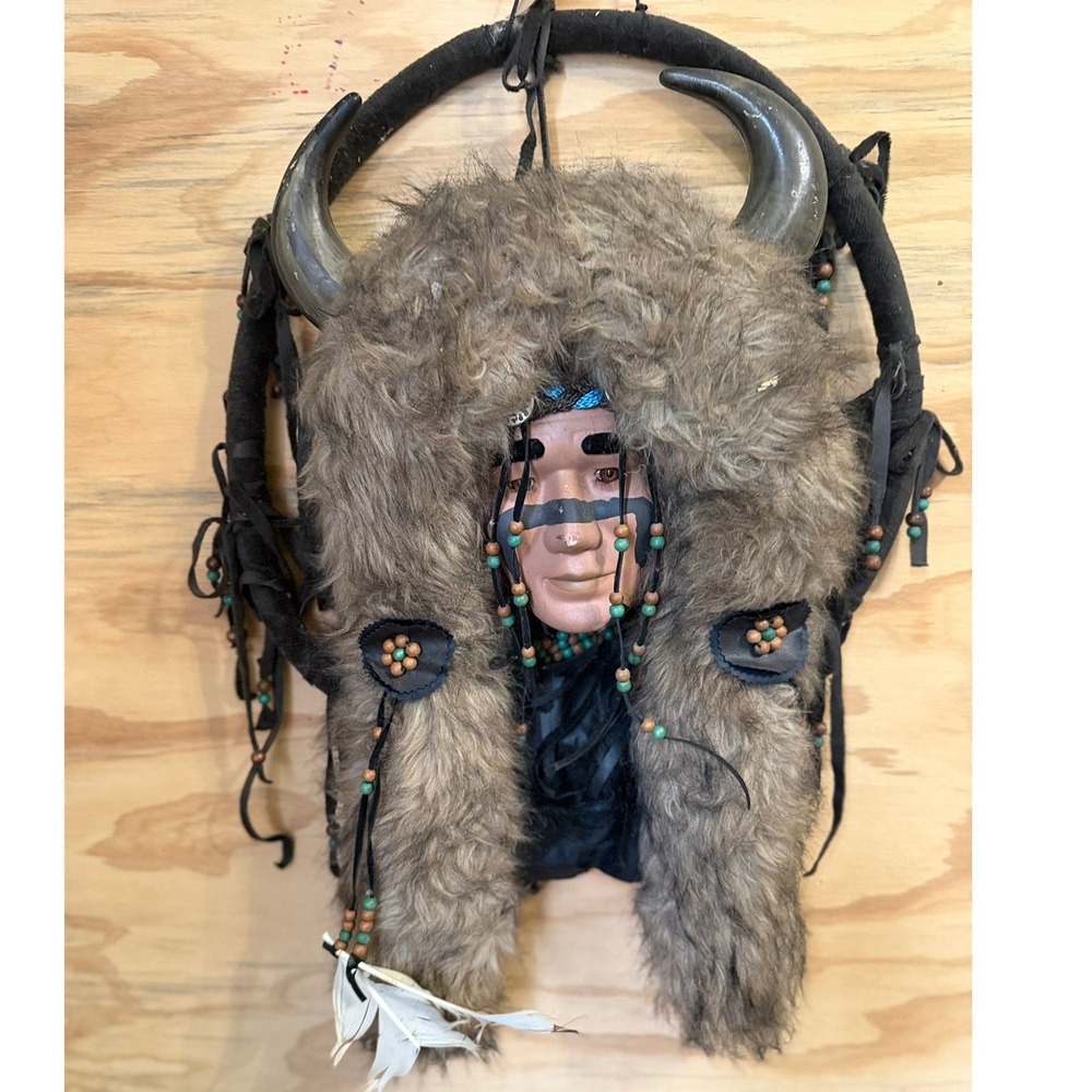 Vintage Buffalo Horn Headress Mask Native American Style Fur Beaded Wall Decor